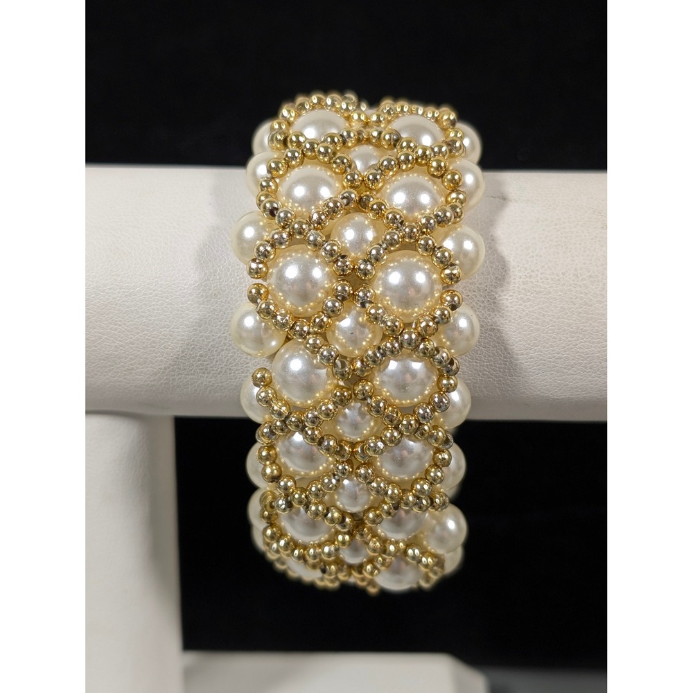Vintage Faux Pearl Gold Tone Wide Stretch Bracelet Cottagecore Wedding Statement